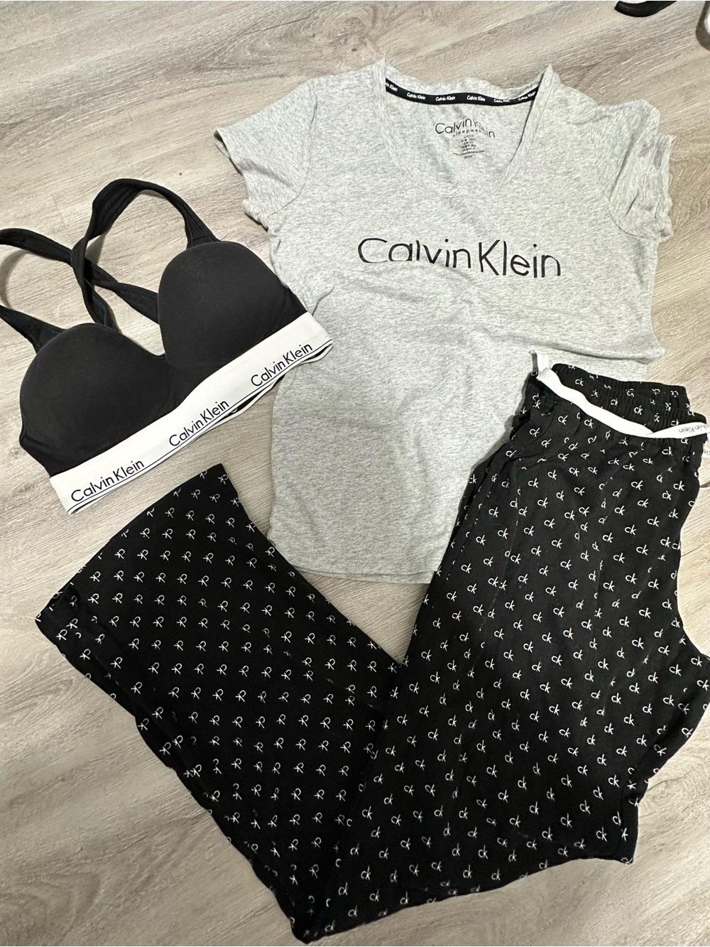 Calvin Klein Grey Tee, Black Bralette & Black Logo Pajama Pants Set